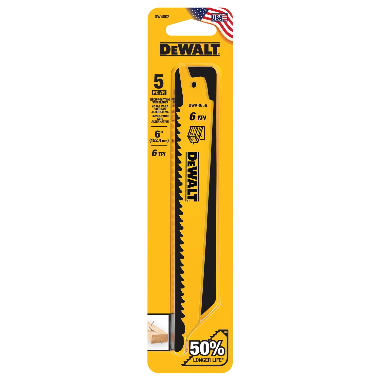 DEWALT Bi-Metal Wood Cutting Reciprocating Saw Blade, 6 TPI, 6-In, 5-Pk