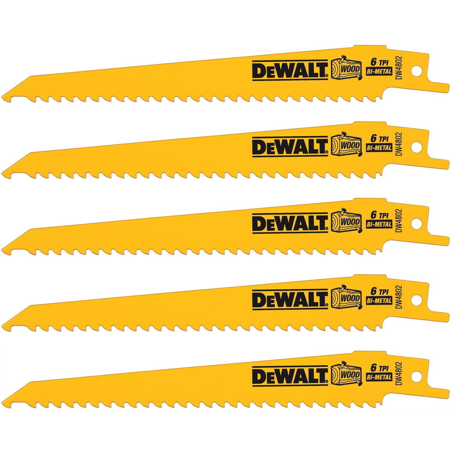 DEWALT Bi-Metal Wood Cutting Reciprocating Saw Blade, 6 TPI, 12-In, 5-Pk