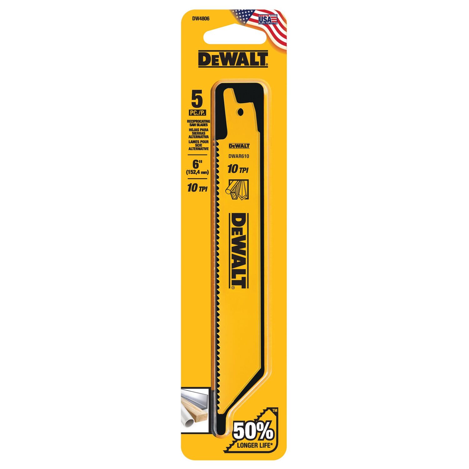 DEWALT Bi-Metal Reciprocating Saw Blade, 10 TPI, 6-In, 5-Pk