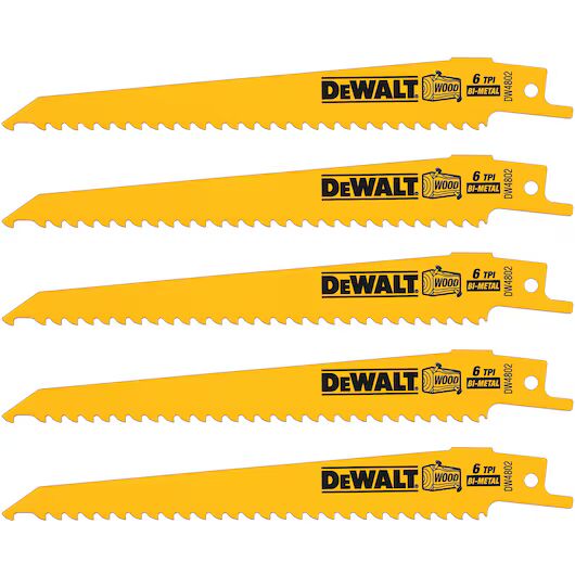 DEWALT Wood Cutting Bi-Metal Reciprocating Saw Blades, 6-TPI, 6-In, 5-Pk