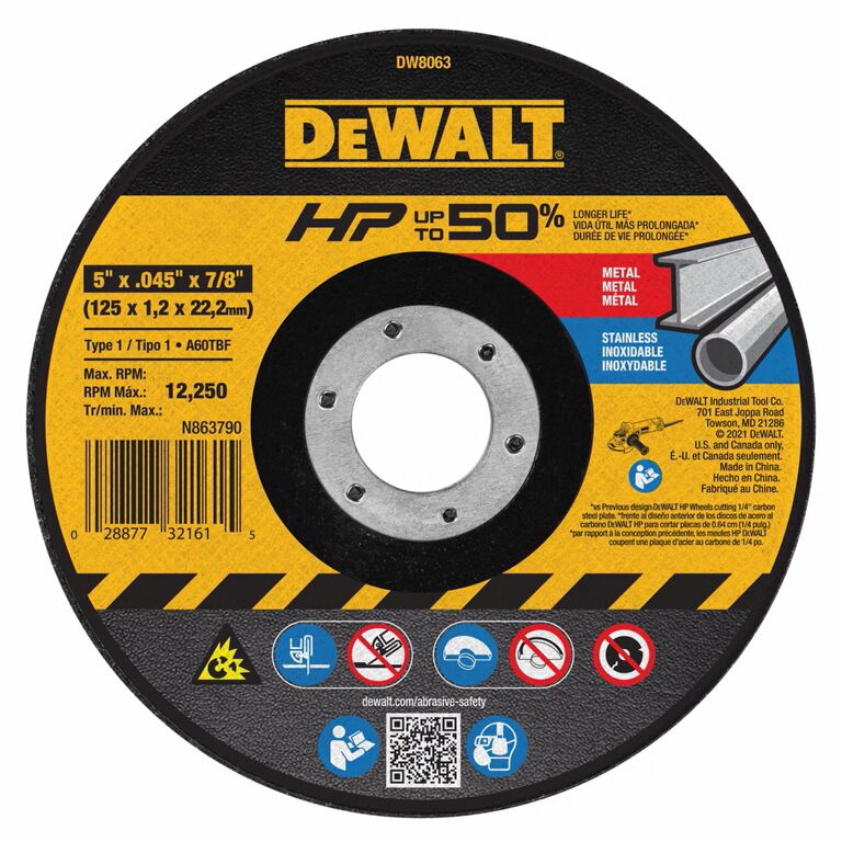 DEWALT High Performance Cut-Off Wheel Type 1, 5-In x 0.045-In x 7/8-In