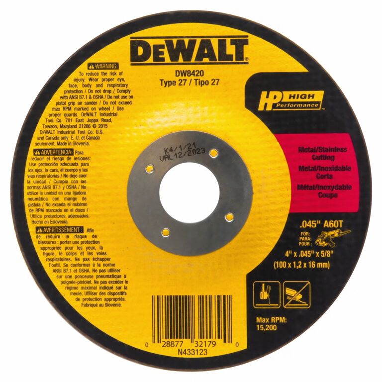 DEWALT High Performance Cut-Off Wheel Type 27, 4-In x 0.045-In x 5/8-In