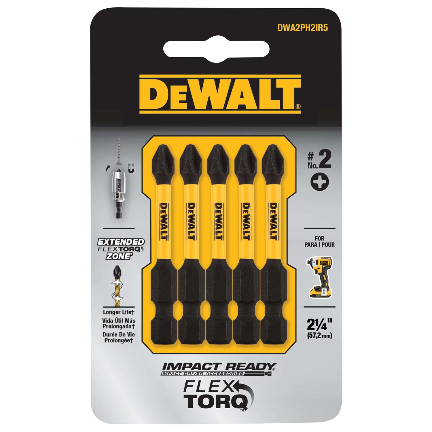 DEWALT FlexTorq Impact Ready #2 Phillips Bit, 2-In, 5-Pc