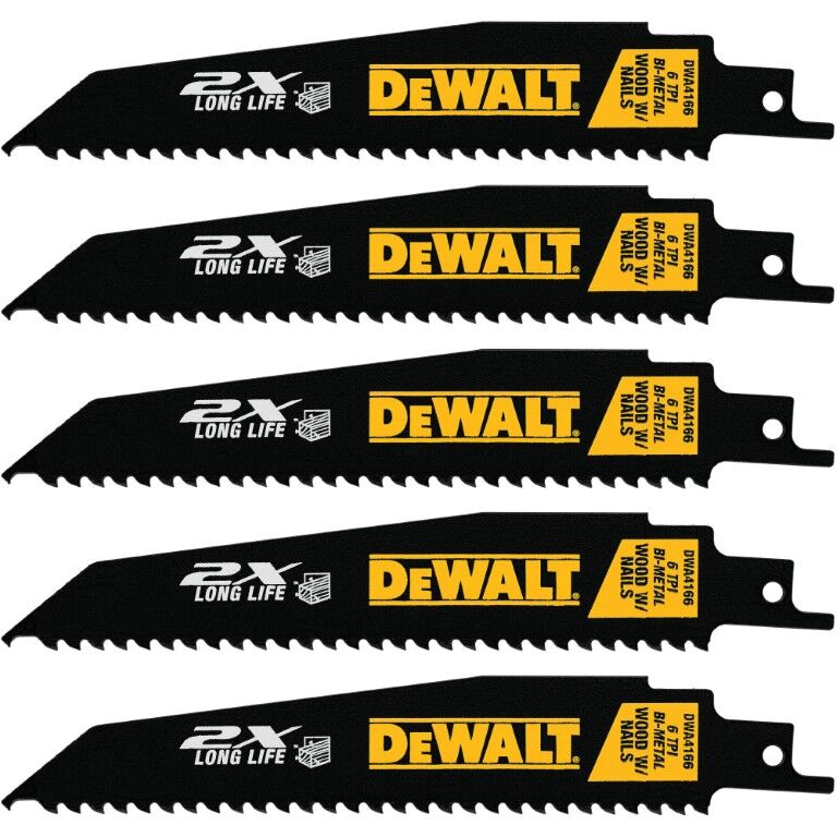 DEWALT 2X Long Life Wood Cutting Reciprocating Saw Blade, 6 TPI, 6-In, 5-Pk