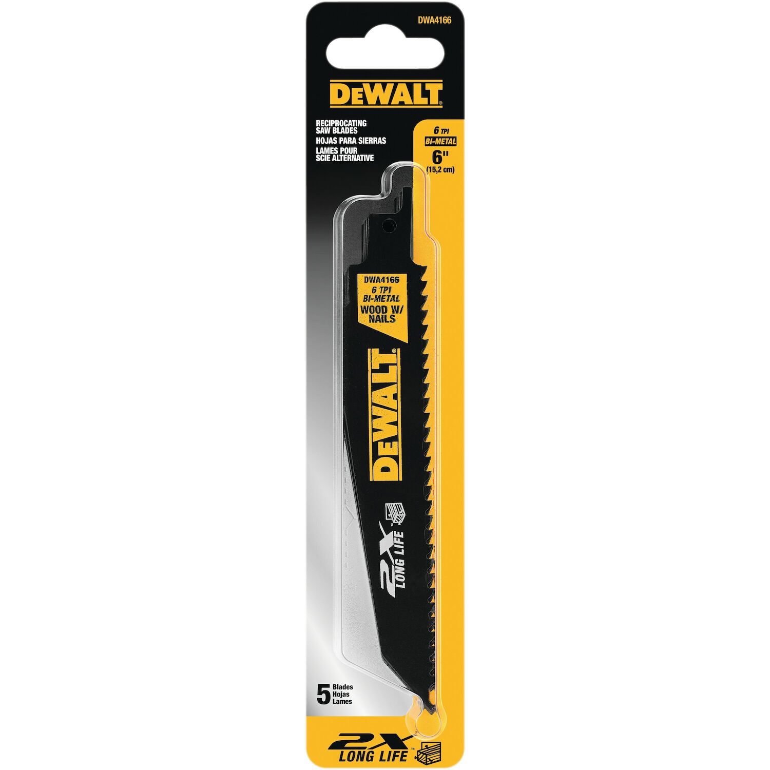 DEWALT 2X Long Life Wood Cutting Reciprocating Saw Blade, 6 TPI, 6-In, 5-Pk