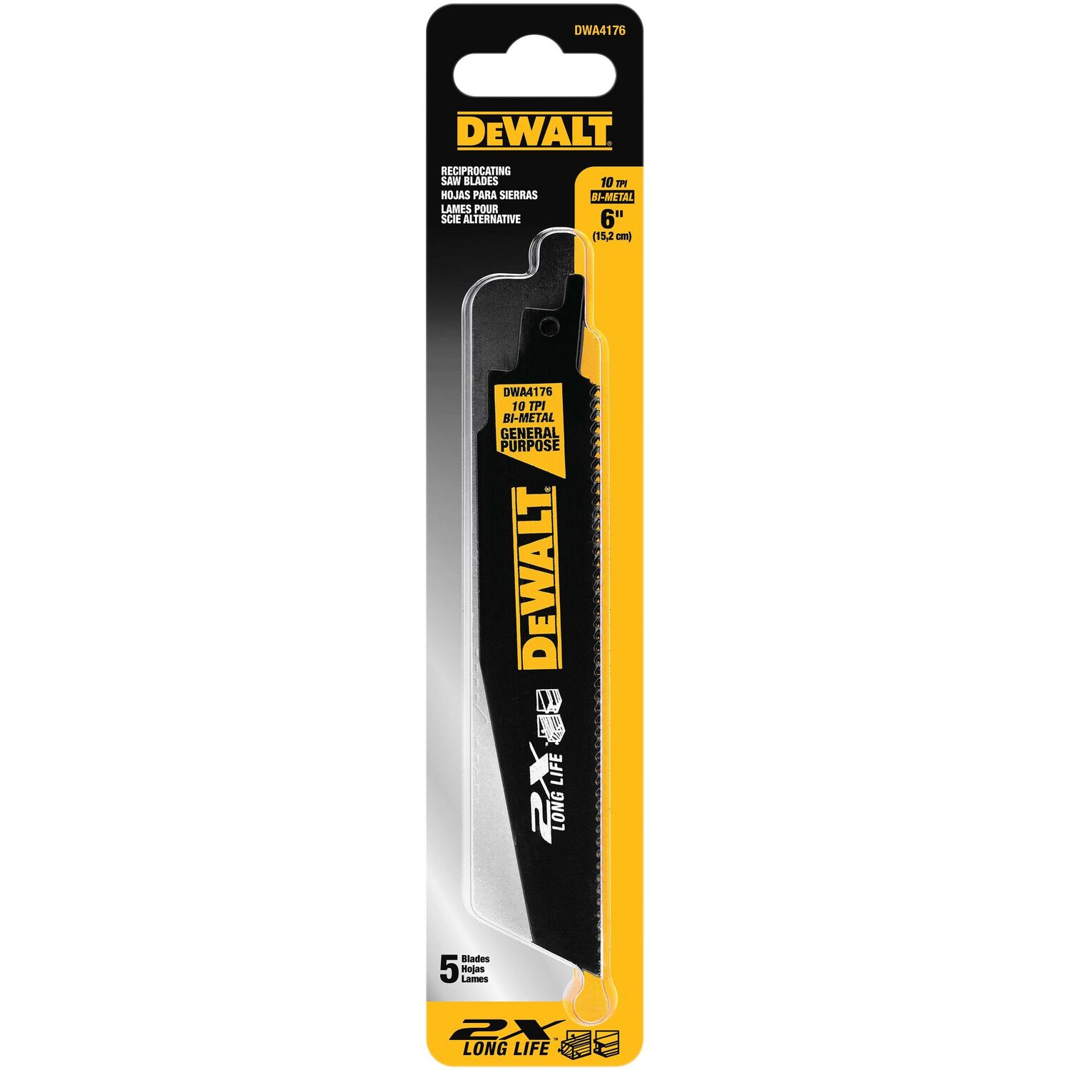 DEWALT 2X Long Life Wood & Metal Cutting Reciprocating Saw Blade, 10 TPI, 6-In, 5-Pk