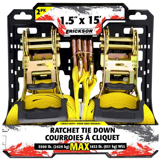 1.5 X 15′ - 5500 Lb. Ratcheting Tie-Downs With J-Hooks