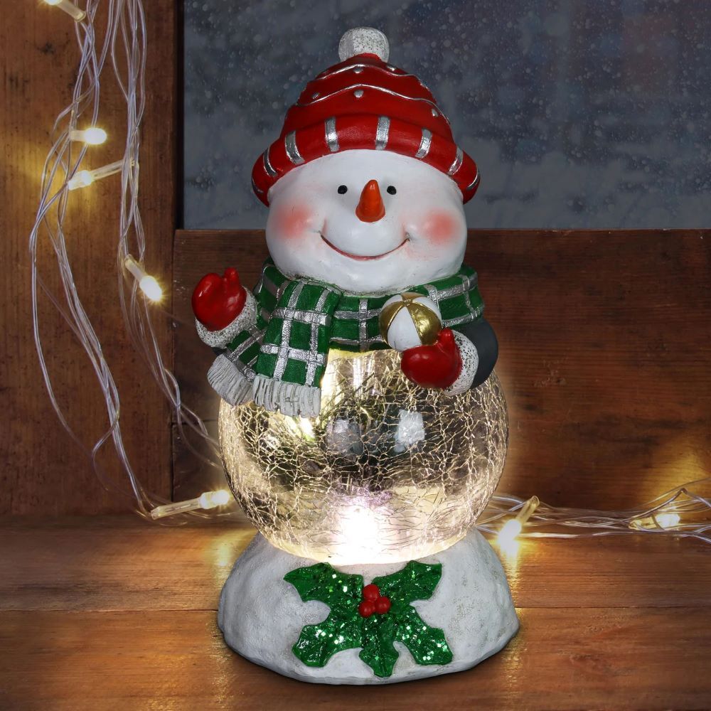 Exhart Hand Painted Christmas Snowman Statue with LED Glass Center