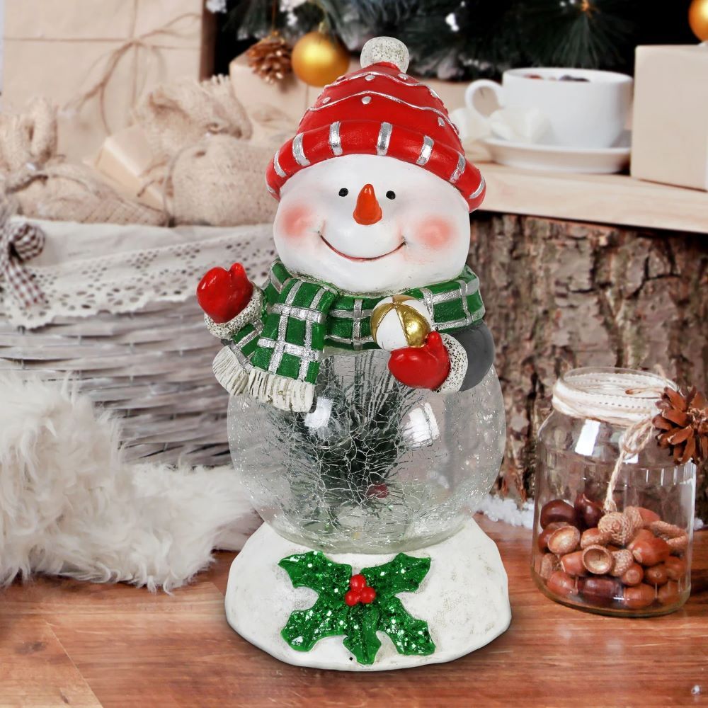Exhart Hand Painted Christmas Snowman Statue with LED Glass Center