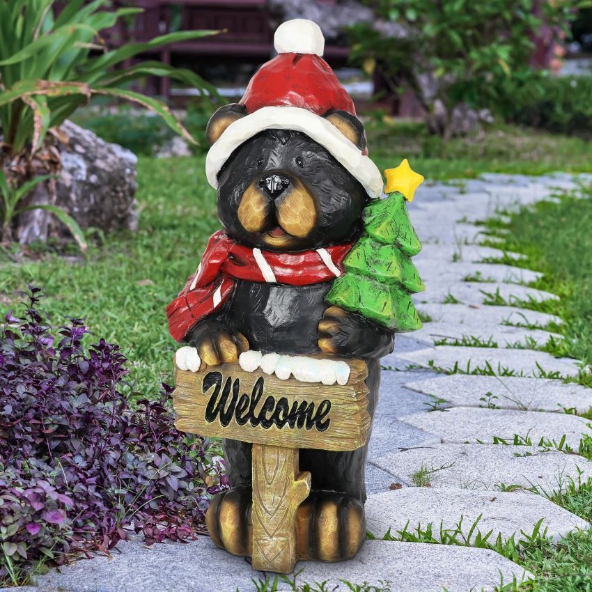 Exhart Hand Painted Holiday Bear Statue with Welcome Sign and Christmas Tree