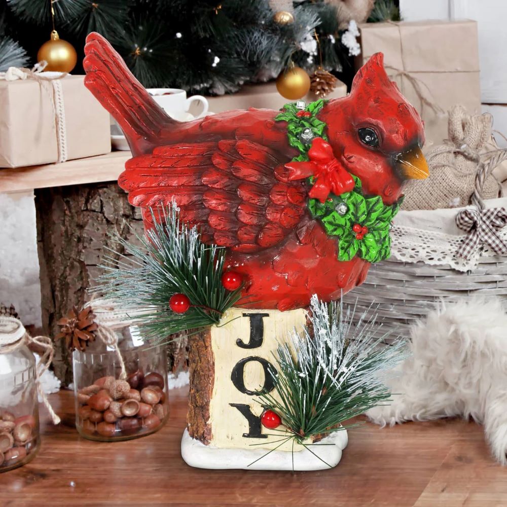 Exhart Hand Painted Christmas Cardinal with LED Garland on Joy Sign