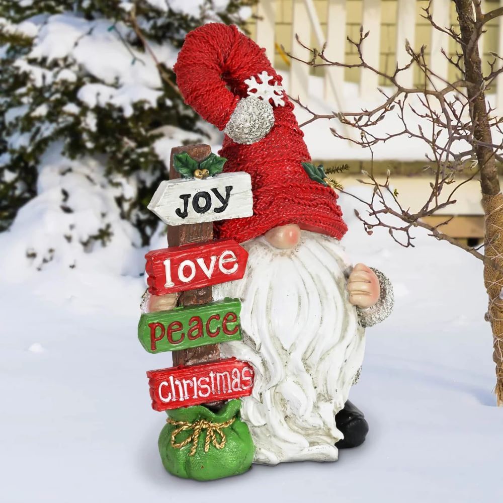 Exhart Hand Painted Red Hat Christmas Gnome with Joy Signpost