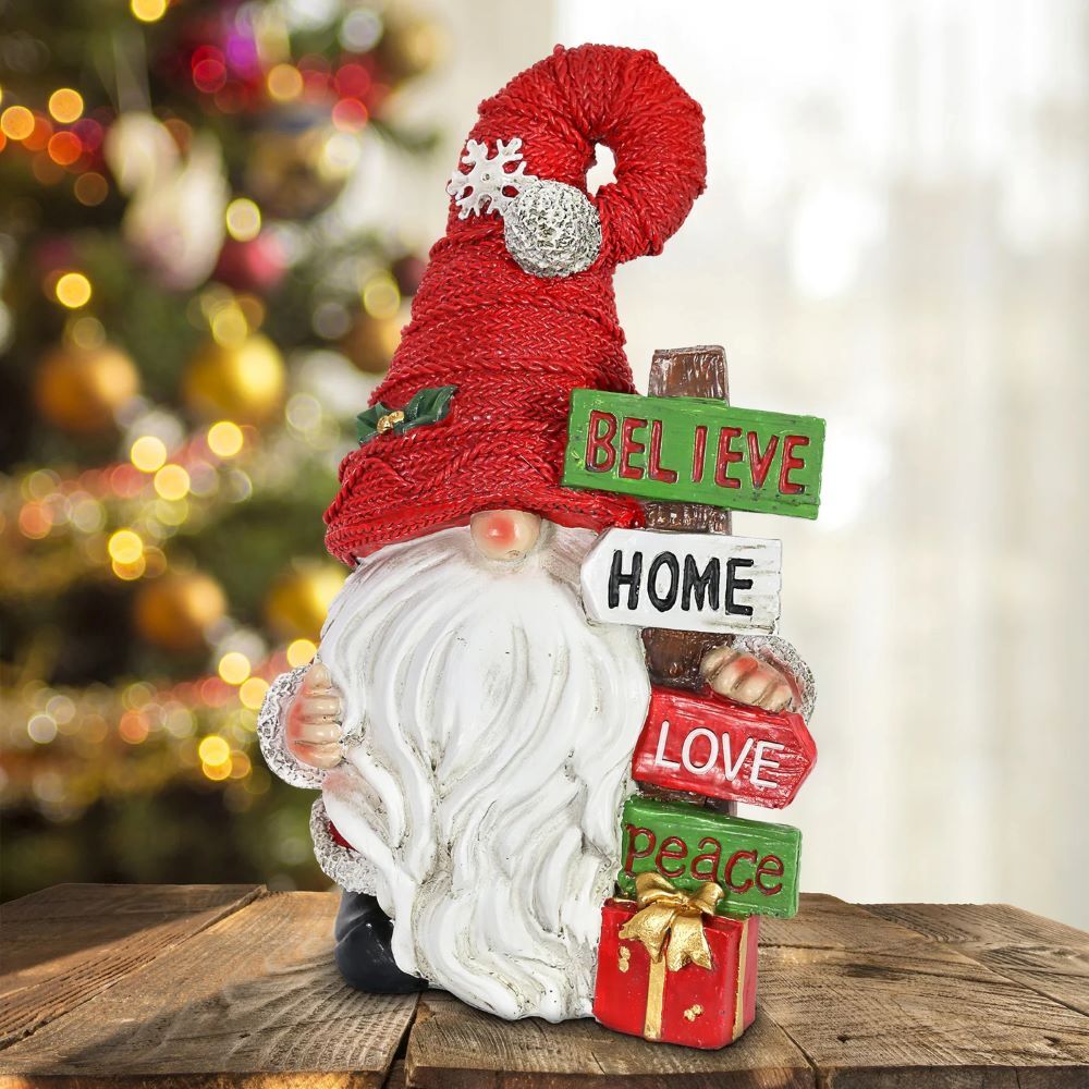 Exhart Hand Painted Red Hat Christmas Gnome with Believe Signpost