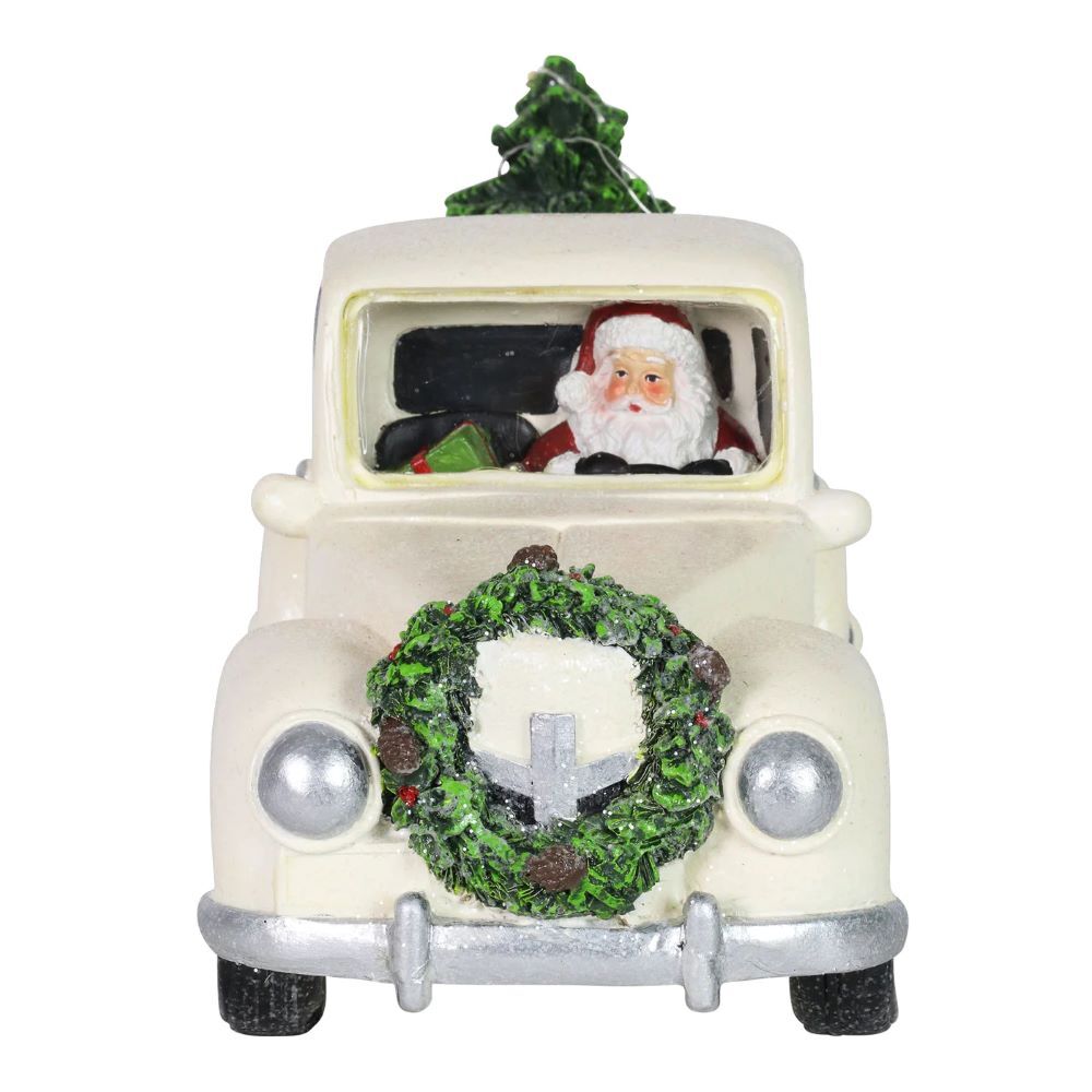 Exhart Vintage White Holiday Truck Driven By Santa with a Christmas Tree