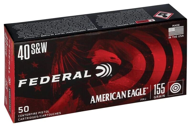 Federal American Eagle .40 S&W, 155 Grain Full Metal Jacket Pistol Ammo, 50-Rd