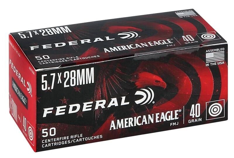 Federal American Eagle 5.7x28mm, 40 Grain Full Metal Jacket Pistol Ammo, 50-Rd