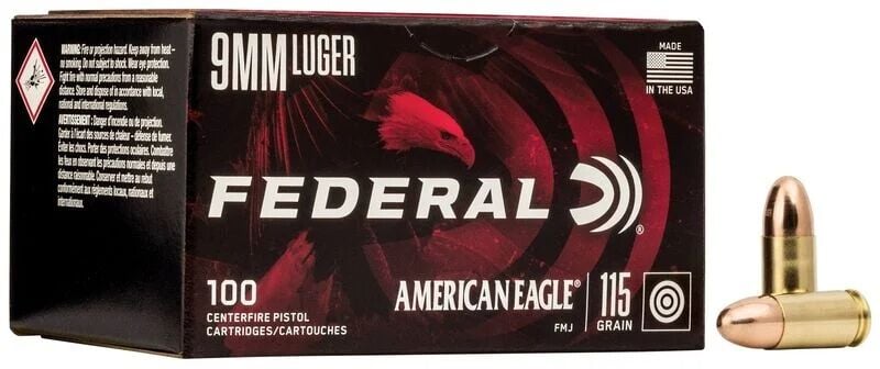 Federal American Eagle 9mm, 115 Grain Full Metal Jacket Pistol Ammo, 100-Rd