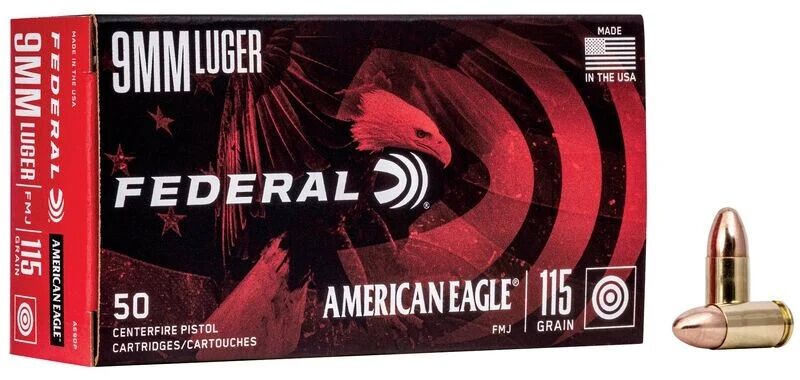 Federal American Eagle 9mm, 115 Grain Full Metal Jacket Pistol Ammo, 50-Rd