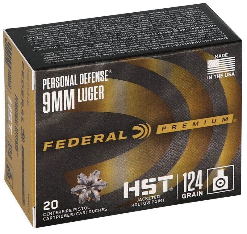 Federal Personal Defense 9mm, 124 Grain HST Jacketed Hollow Point Pistol Ammo, 20-Rd