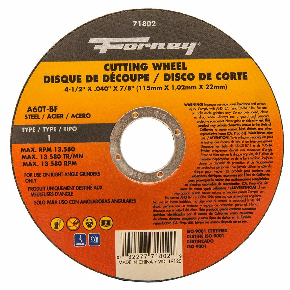 Cut-Off Wheel, Metal, Type 1, 4-1/2" X 0.040" X 7/8"
