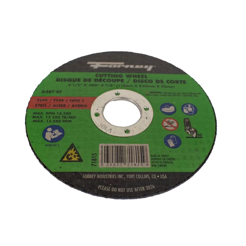 Forney Industries Metal Cut-Off Wheel Type 1, 4 1/2-In x 0.08-In x 7/8-In
