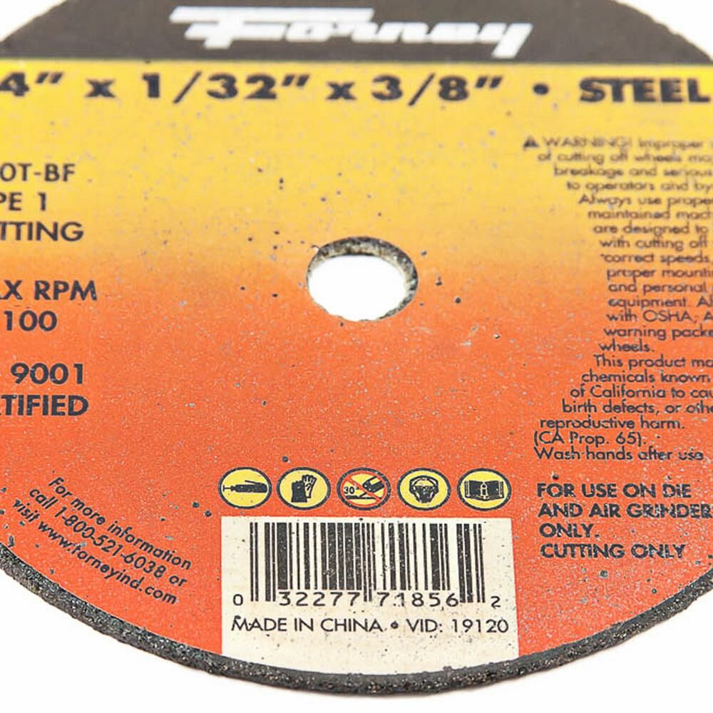 Cut-Off Wheel, Metal, Type 1, 4" X 1/32" X 3/8"