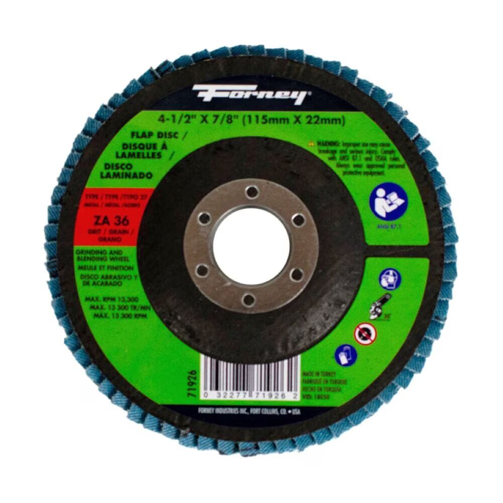 Forney Industries Zirconia Flap Disc Type 27, 36-Grit, 4 1/2-In x 7/8-In