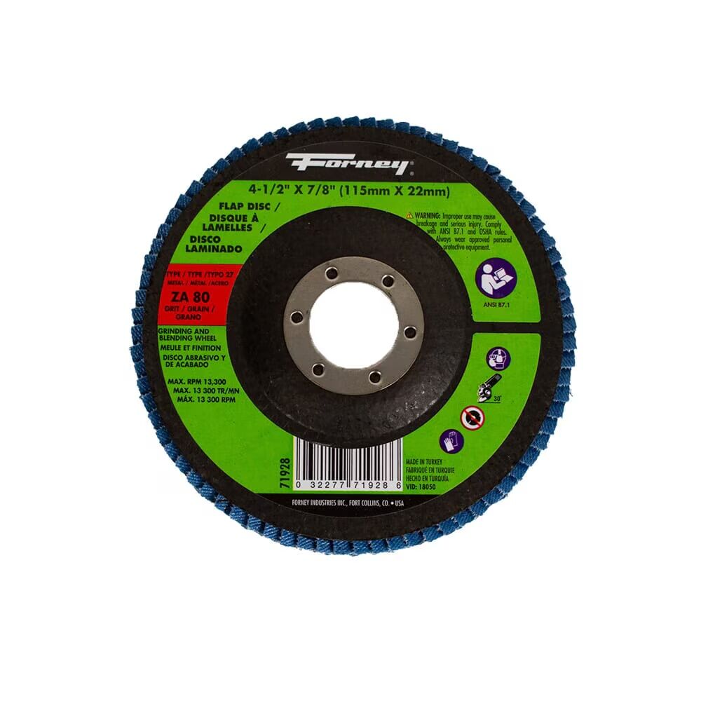 Forney Industries Zirconia Flap Disc Type 27, 80-Grit, 4 1/2-In x 7/8-In