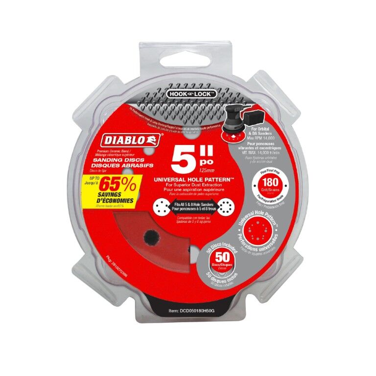 Diablo 180-Grit Hook & Lock ROS Sanding Disc, 5-In, 50-Pk
