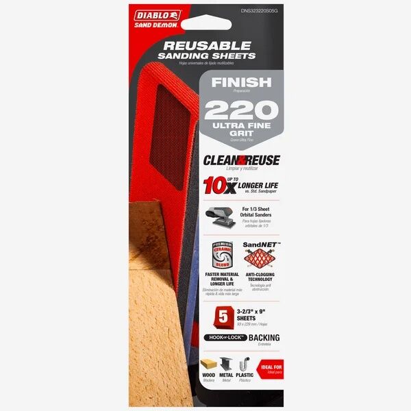 Diablo 1/3 Sheet Sand Demon 220-Grit Reusable Sanding Sheets, 5-Pk