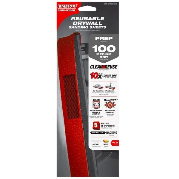 Diablo Sand Demon 100-Grit Reusable Sanding Sheets For Drywall, 4 3/16-In X 11 1/4-In, 5-Pk