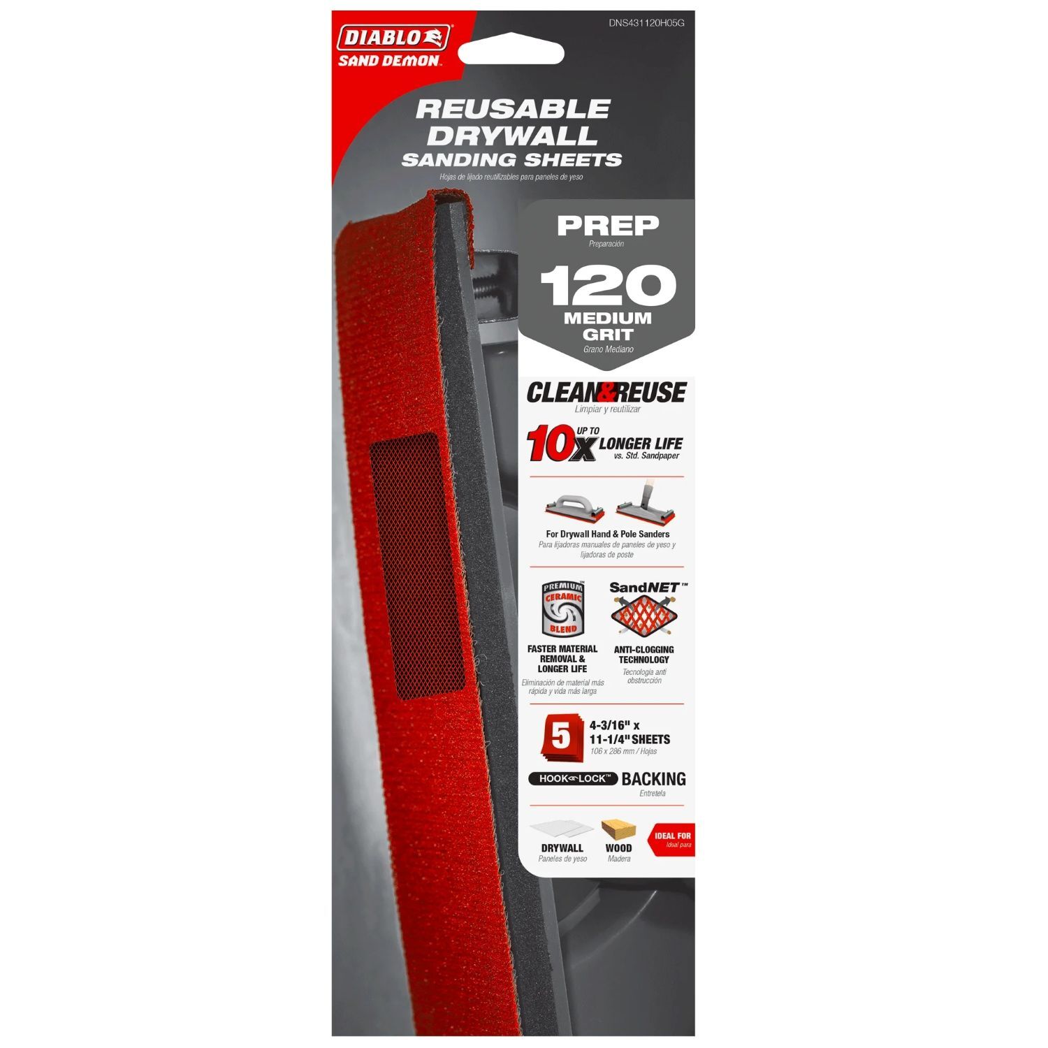 Diablo Tools Sand Demon 120-Grit Reusable Sanding Sheets for Drywall, 4-3/16-In x 11-1/4-In, 5-Pk