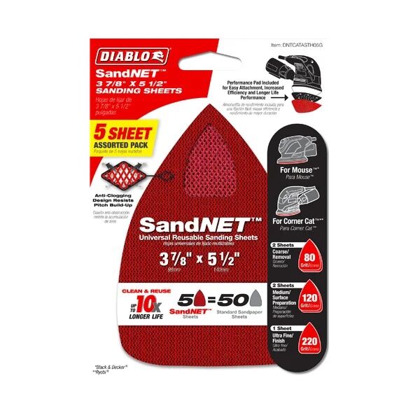 Diablo CAT/Mouse Assorted Reusable Sanding Sheets, 3-7/8-In X 5-1/2-In, 5-Pk