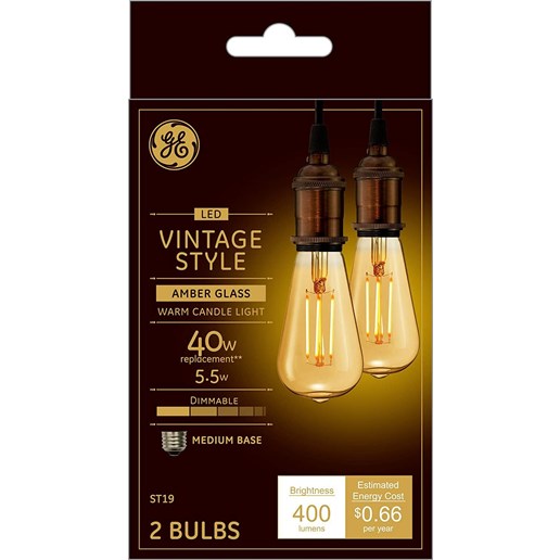 GE Vintage Amber Glass LED Light Bulbs, 40W Replacement, Dimmable Edison  St19, 2-Pack