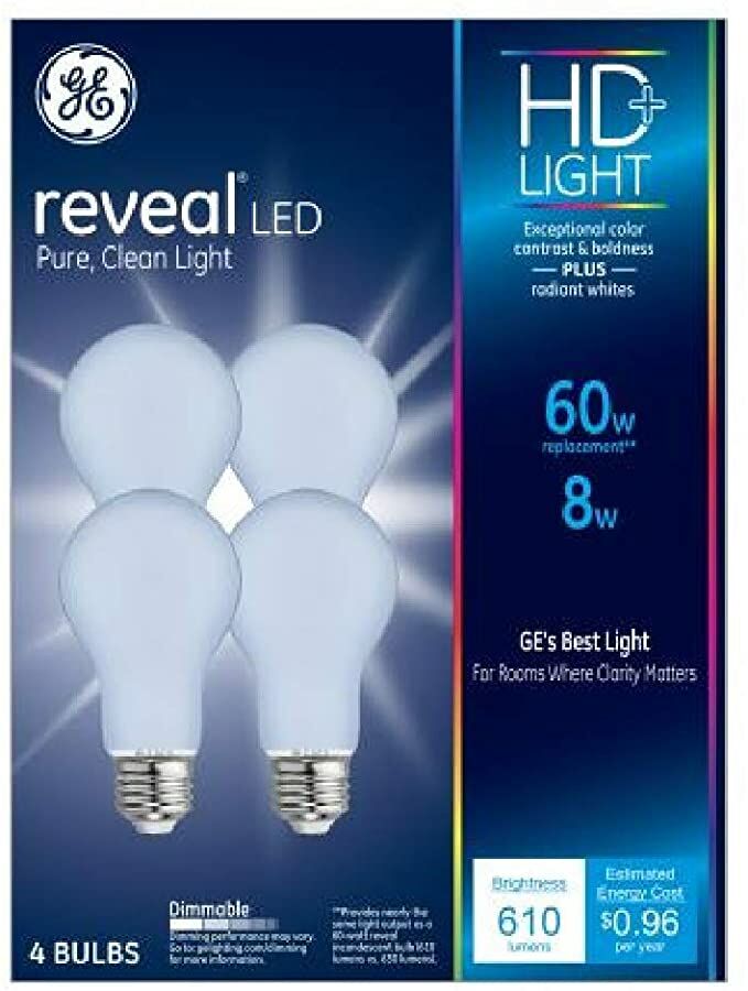 GE Lighting Reveal Hd+ A19 E26 (Medium) Led Bulb Pure Clean Light 60 Watt Equivalence 4 Pk