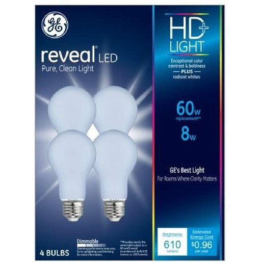 GE Lighting Reveal Hd+ A19 E26 (Medium) Led Bulb Pure Clean Light 60 Watt Equivalence 4 Pk