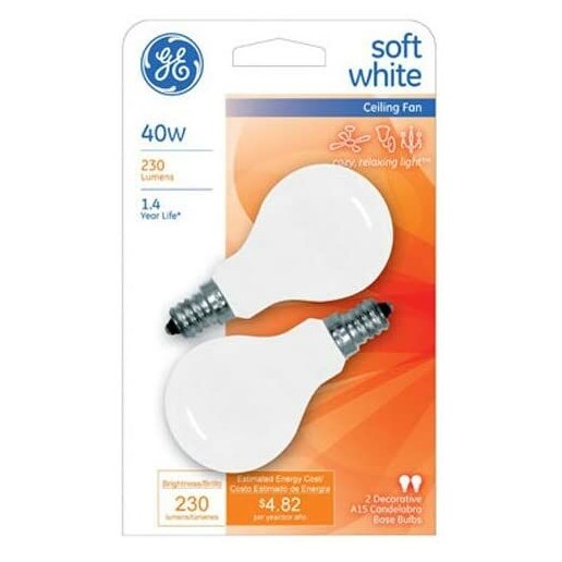 GE Ceiling Fan Light Bulbs (40 Watt), 230 Lumen, Candelabra Light Bulb Base, White, 2-Pack