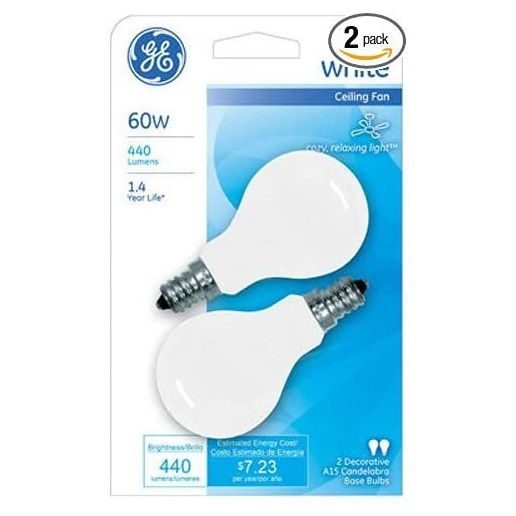 GE Ceiling Fan Light Bulbs (60 Watt), 440 Lumen, Candelabra Light Bulb Base, Soft White, 2-Pack