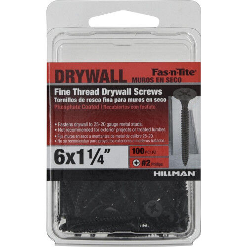 Hillman Fine Thread Drywall Screws, #6 X 1-1/4 In, 100-Pc