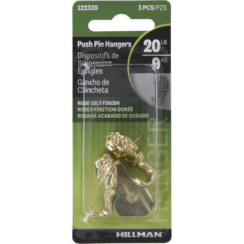 Hillman Rose Gilt Decorative Push Pin Hanger, 20-Lb, 3-Pk
