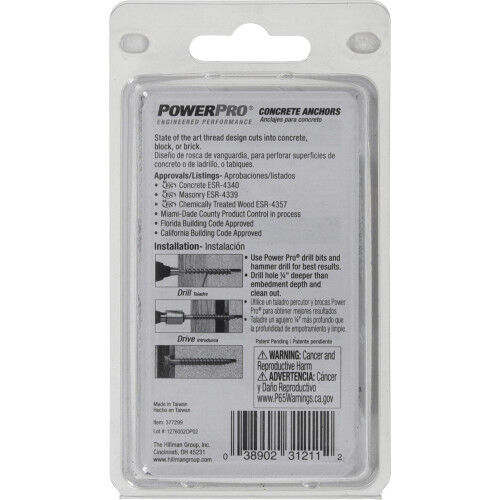 Hillman Power Pro White Hex Washer-Head Concrete Screw Anchors, 3/16-In X 1-1/4 In, 25-Pc