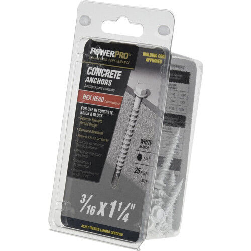 Hillman Power Pro White Hex Washer-Head Concrete Screw Anchors, 3/16-In X 1-1/4 In, 25-Pc