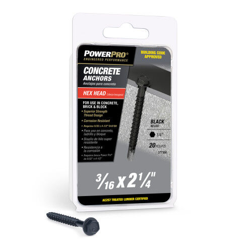 Hillman Power Pro Black Hex Washer-Head Concrete Screw Anchors, 3/16-In x 2-1/4-In, 20-Pk