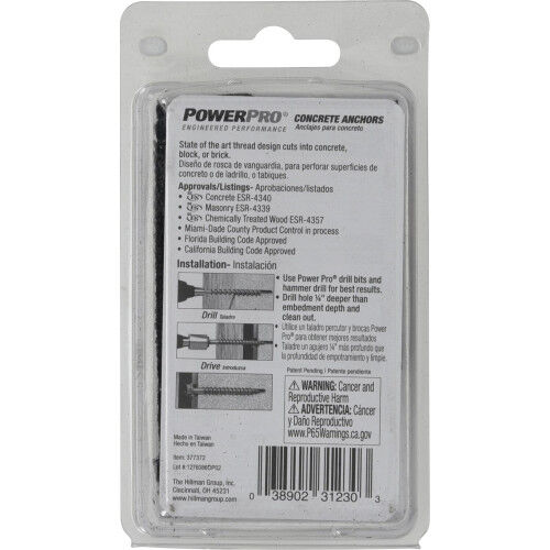 Hillman Power Pro Black Hex Washer-Head Concrete Screw Anchors, 1/4-In x 2-3/4-In, 12-Pk