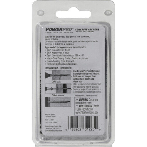 Hillman Power Pro Black Flat-Head Concrete Screw Anchors, 3/16-In x 2-3/4-In, 20-Pk