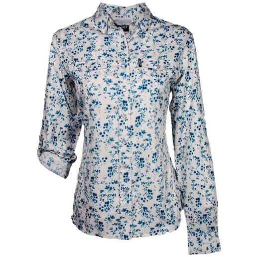 Women's "Sol" Ladies Long Sleeve Pearl Snap Shirt In White Floral Pattern