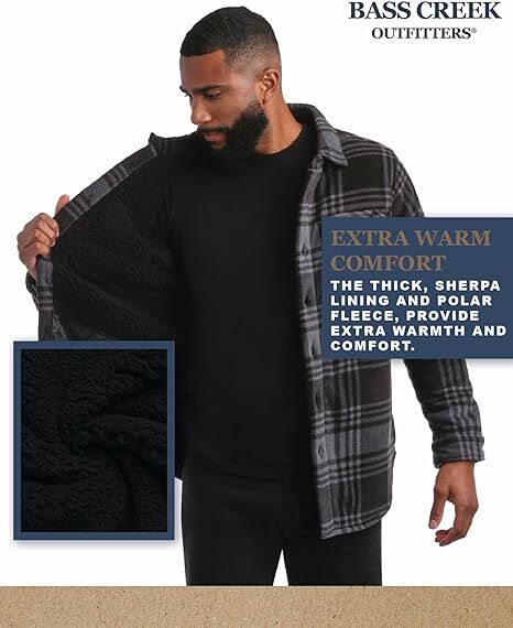 Bass Creek Outfitters Men's Heavy Duty Polar Fleece Sherpa Lined Shirt Jacket in Gravel