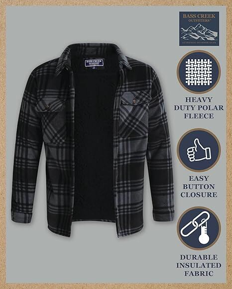 Bass Creek Outfitters Men's Heavy Duty Polar Fleece Sherpa Lined Shirt Jacket in Gravel