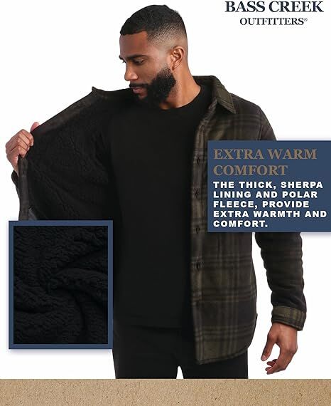 Bass Creek Outfitters Men's Heavy Duty Polar Fleece Sherpa Lined Shirt Jacket