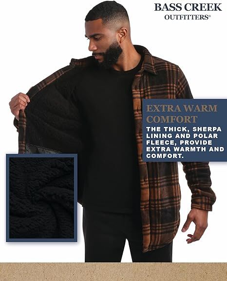 Bass Creek Outfitters Men's Heavy Duty Polar Fleece Sherpa Lined Shirt Jacket